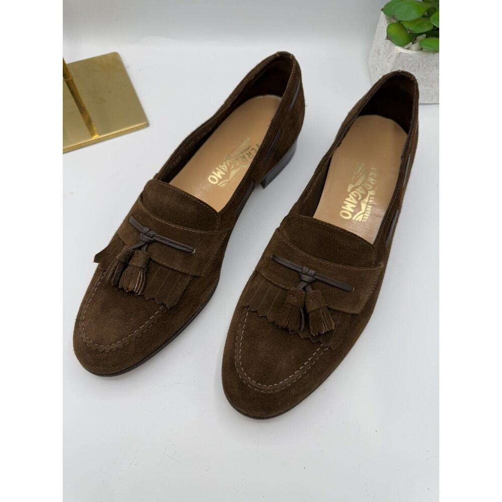 Salvatore Ferragamo Mens Suede Fringe Slide On Loafers Brown Size 11.5 B
